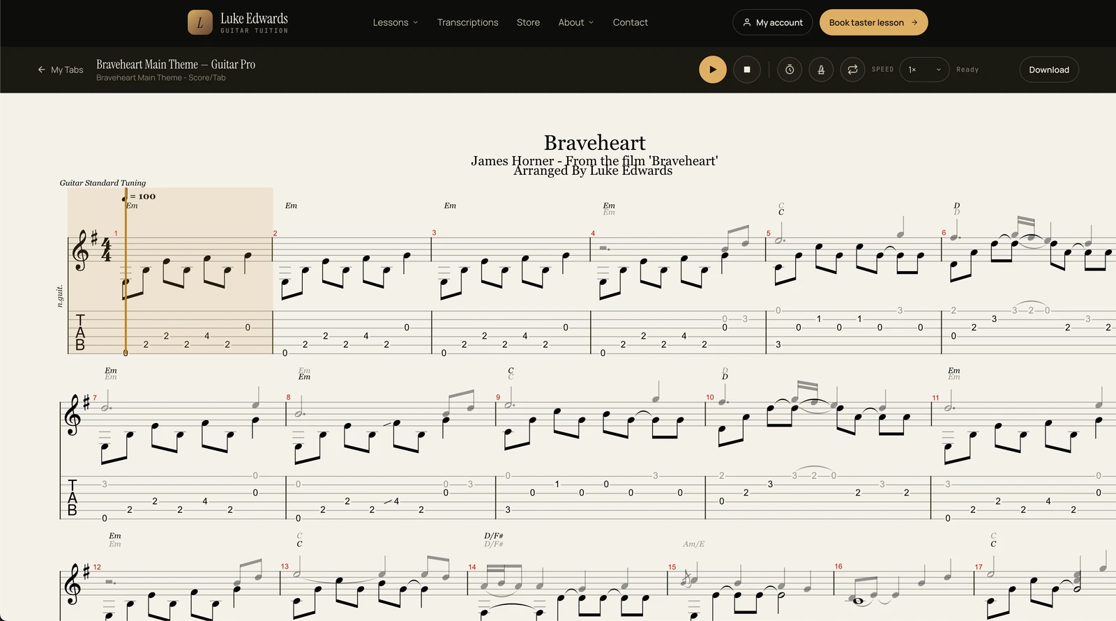 The in-browser Guitar Pro player showing a tab arrangement
