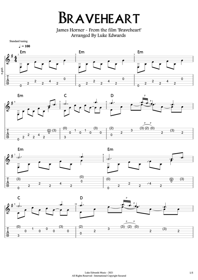 Sample transcription page — Braveheart fingerstyle arrangement