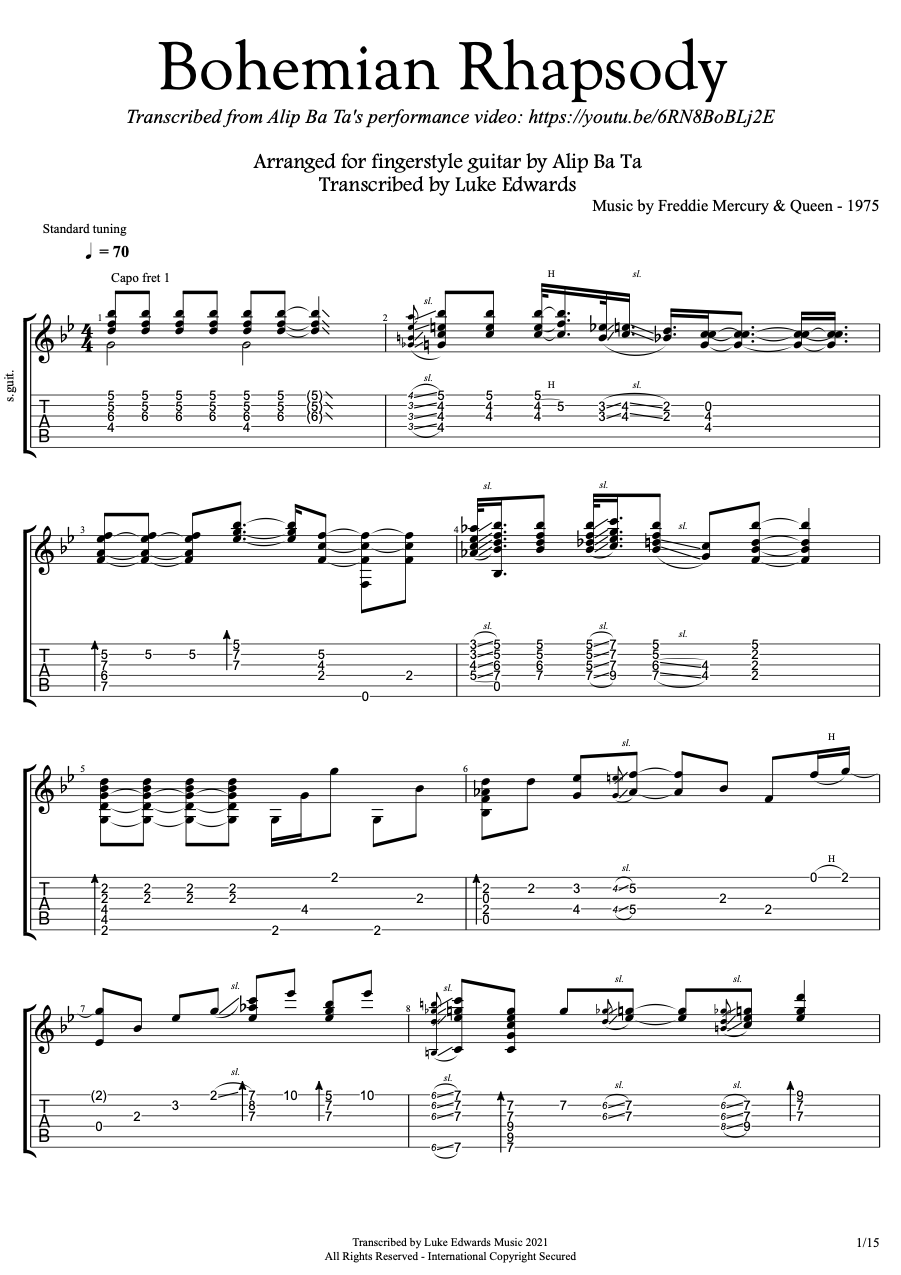 Sample transcription page — Bohemian Rhapsody fingerstyle arrangement